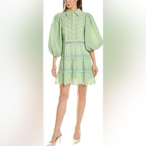 ALICE + OLIVIA Blakesley Bishop Sleeve Button Front Mini Dress Sz 8 embroidery
